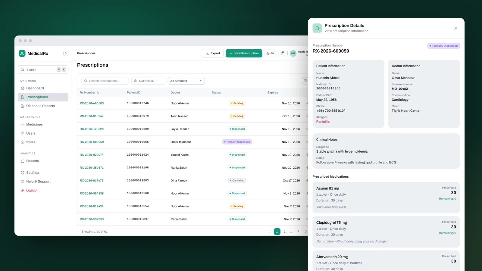 MedicalRx prescription list with one prescription's details open beside it